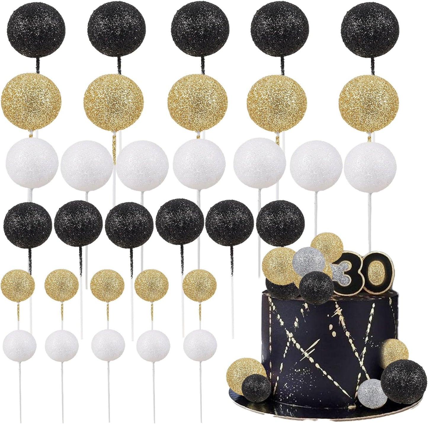 30Pcs Glitter Balls Cake Topper Mini Balloons Cupcake Topper DIY Cake Insert Topper Foam Cake Balls Baking Decoration for Baby Shower Wedding Anniversary Kids Birthday Graduation Party Cake Decorations Gold Black Silver