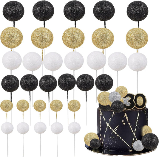 30Pcs Glitter Balls Cake Topper Mini Balloons Cupcake Topper DIY Cake Insert Topper Foam Cake Balls Baking Decoration for Baby Shower Wedding Anniversary Kids Birthday Graduation Party Cake Decorations Gold Black Silver
