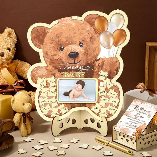 Wenqik 63 Pcs Brown Bear Baby Shower Guest Book Alternatives Set Baby Shower Decorations with Photo Frame Sonogram Frame Keepsake 60 Wood Slices Guest Book for Birthday