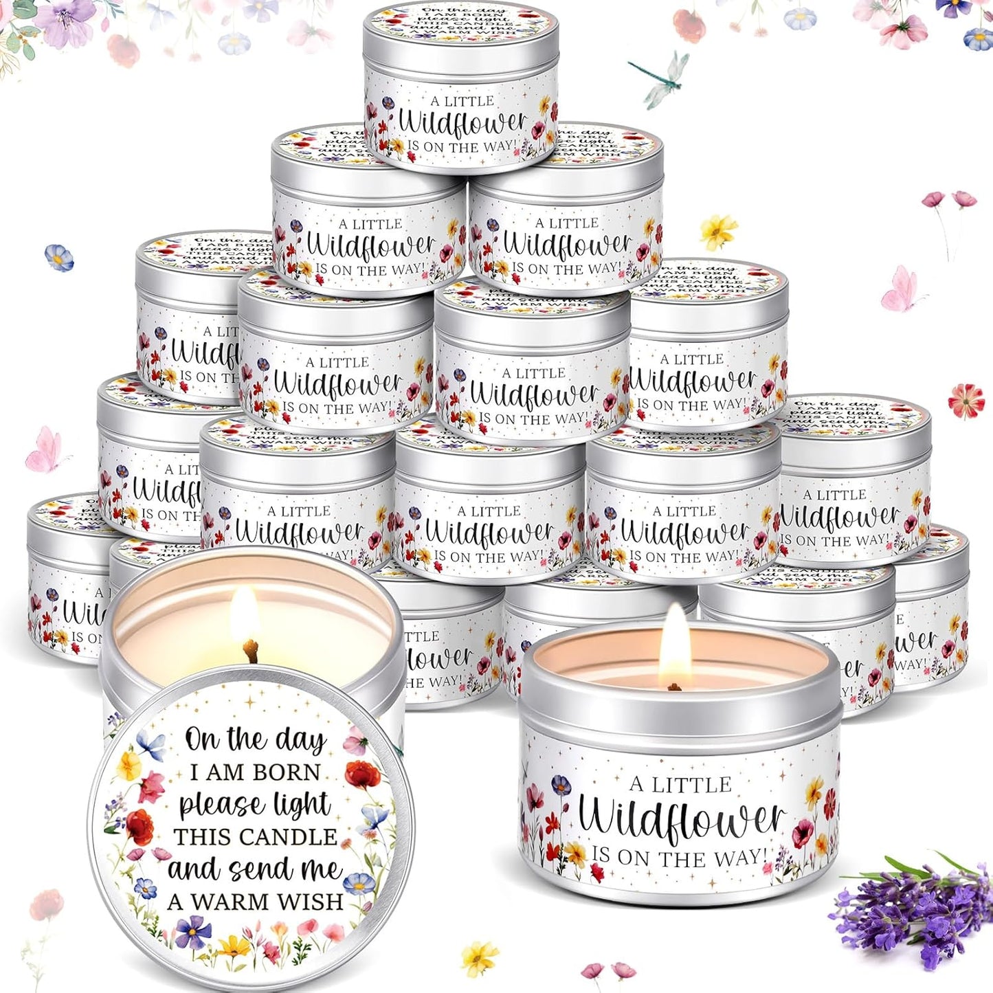 MTLEE 24 Pcs Wildflowers Baby Shower Party Favors Candles Lavender Scented Baby Shower Favors for Guests Rustic Tealights Candles Gender Reveal Return Gifts Girl Boy(1.2 Oz, Colorful)