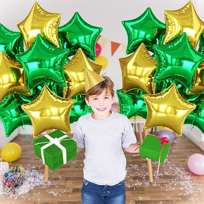 Green and Gold Star Foil Balloon, 10PCS Foil Stars Shape Balloons, 18 Inch Metallic Stars Balloons Helium Pentagram Balloon for Birthday, Graduation, Anniversary, Golf Tractor Jungle Party Decoration