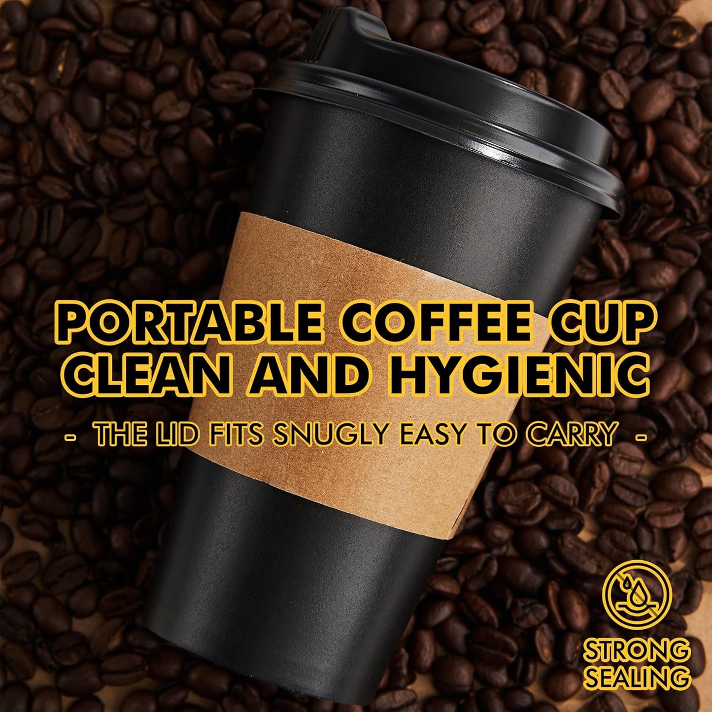 50 Pack 16 oz Coffee Cups with Lids, Black Disposable Coffee Cups with Lids, Sleeves and Stirring Sticks, Hot Paper Coffee Cup 16 oz for Hot Drinks, Parties, Picnic, Travel, and Events