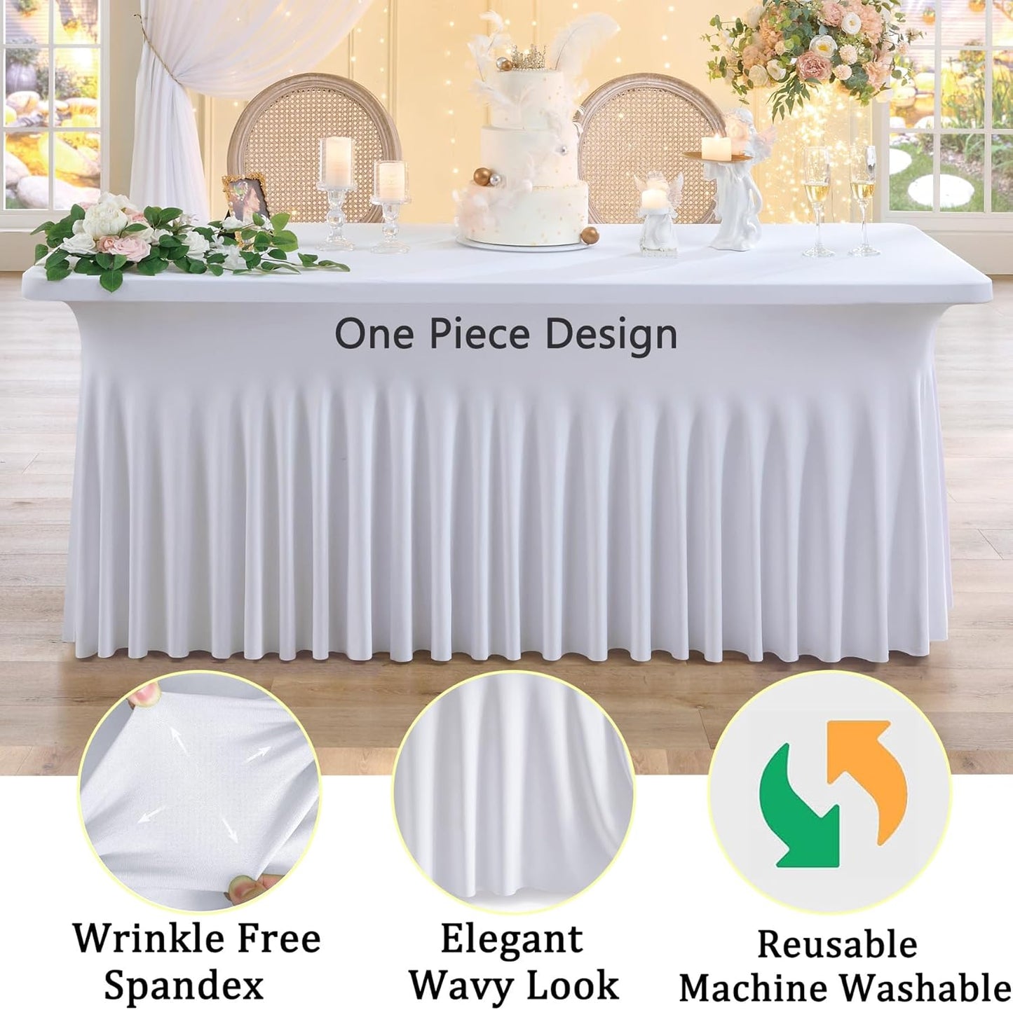 8pk White Spandex Tablecloths for 8ft Rectangle Tables, Wrinkle Free Wavy Table Skirt Stretchy 8 Foot Fitted Table Cloth Covers for Weddings Birthday Party Events Banquette Baby Shower