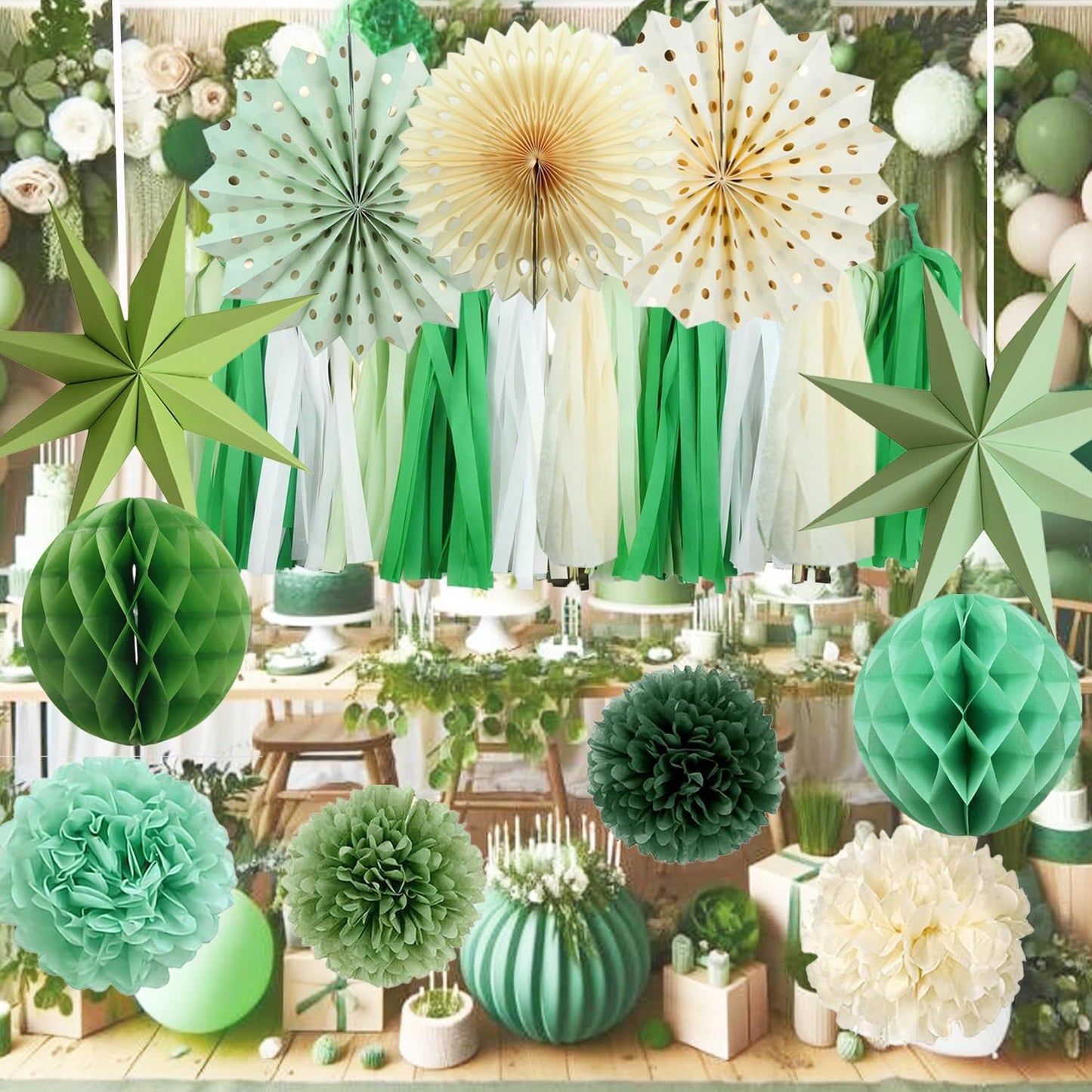 Green Party Decorations - Sage Greens Birthday Decoration - 15PCS Paper Decorations for Women Men Girl Boy,Hanging Backdrop for Engagement,Green Boho Wedding,Baby Shower,Bridal Shower,Garden Party