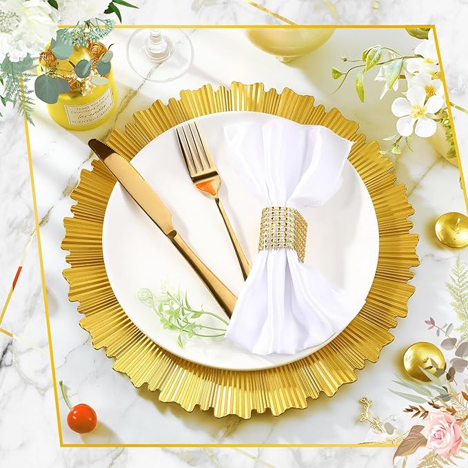 Tanlade 50 Set Bright Gold Charger Plates Bulk with Napkin Rings Plastic 13" Plate Charger Fluted Edge Wedding Decoration for Table Wedding Party Event(Gear)