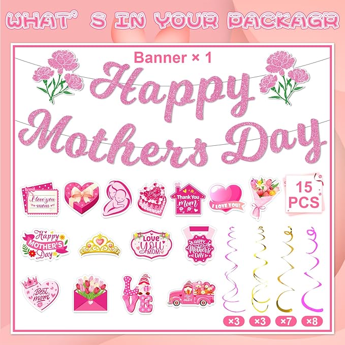 Mother’s Day Decorations Set – Happy Mother’s Day Banner with Floral Garland, Hanging Swirls, and Heart & Flower Cutouts for Mother’s Day Party, Home Décor, and Photo Backdrop