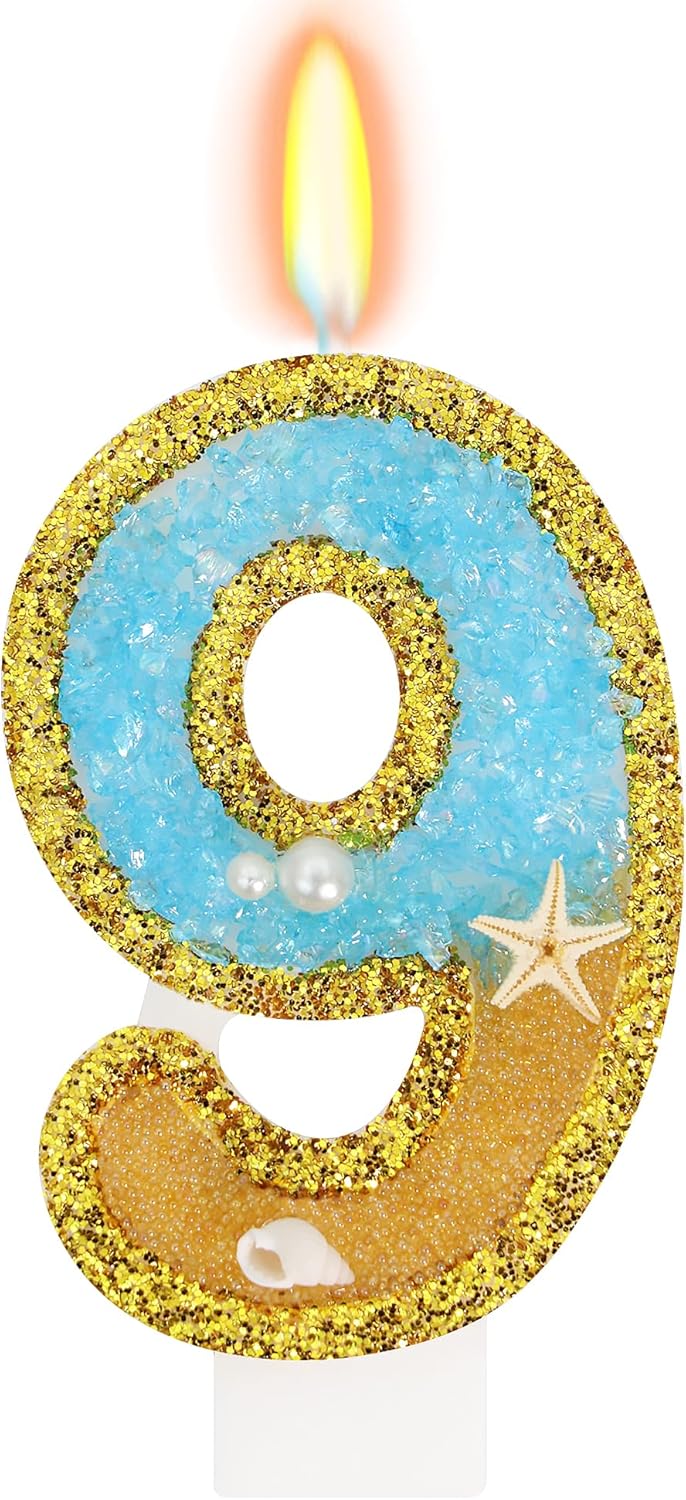 Ocean Number 9 Candle, Glitter Gold Beach Starfish Cake Topper, Tropical Ocean Princess Birthday Decorations for Party Supplies Wedding Anniversaries