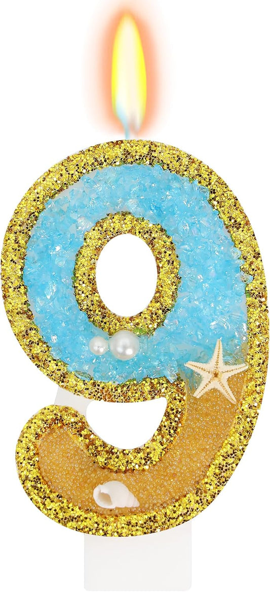 Ocean Number 9 Candle, Glitter Gold Beach Starfish Cake Topper, Tropical Ocean Princess Birthday Decorations for Party Supplies Wedding Anniversaries