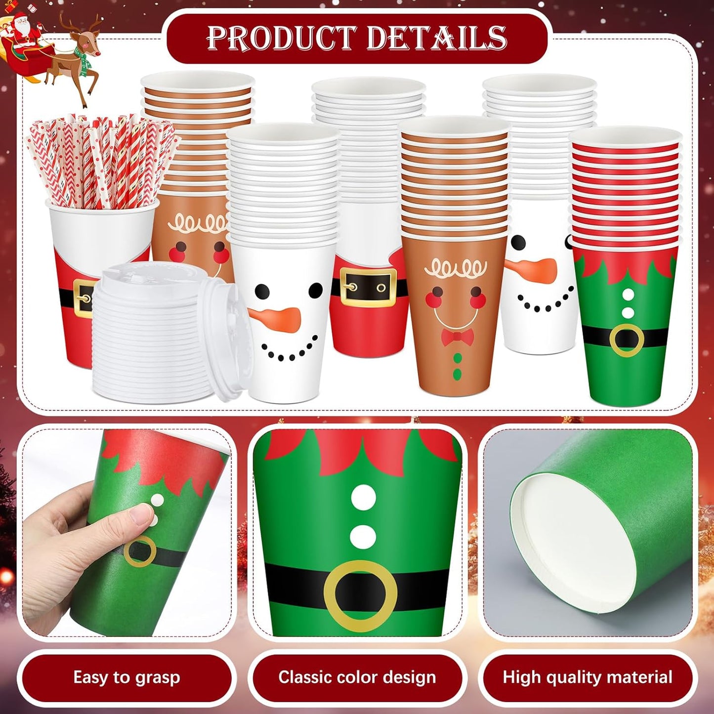 Bokon 172 Pcs/ 24 Sets of Christmas Movie Night Snack Trays 3 Sizes Snack Boxes, 16 oz Disposable Drinks Cups, 50 Straws, Complimentary Sealing Stickers for Cinema Party Decoration(Paper,Snow)