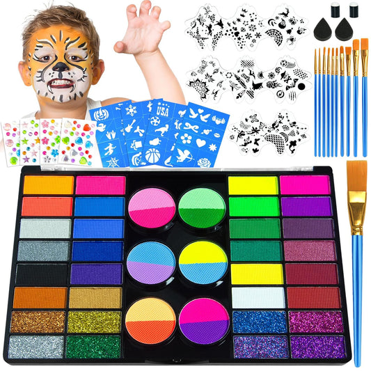 Professional Face Painting Kit for Kids – 44 Color Water Activated Facepaint Makeup Kit, Non-Toxic face Paint with Stencils, Gems, Brushes– for Halloween, Parties, Carnival, School Event & Festivals