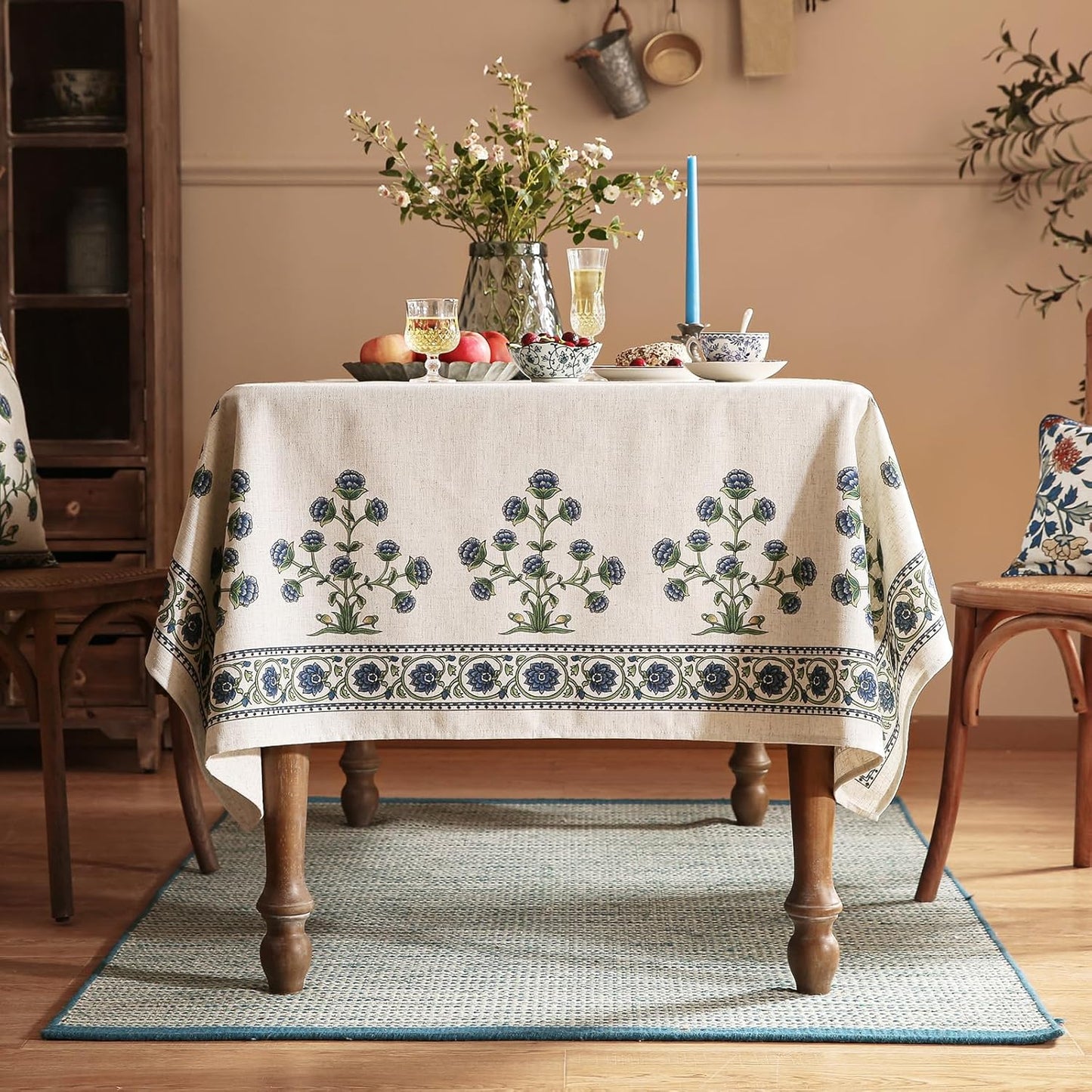 patdrea Designer Linen Vintage Blue Rectangle Tablecloth,Leaves Pattern Anti-Wrinkle Floral Table Cloth,French Decor Table Cover for Kitchen Dining,Christmas,Thanksgiving,Party,55"x87"-Ivar B