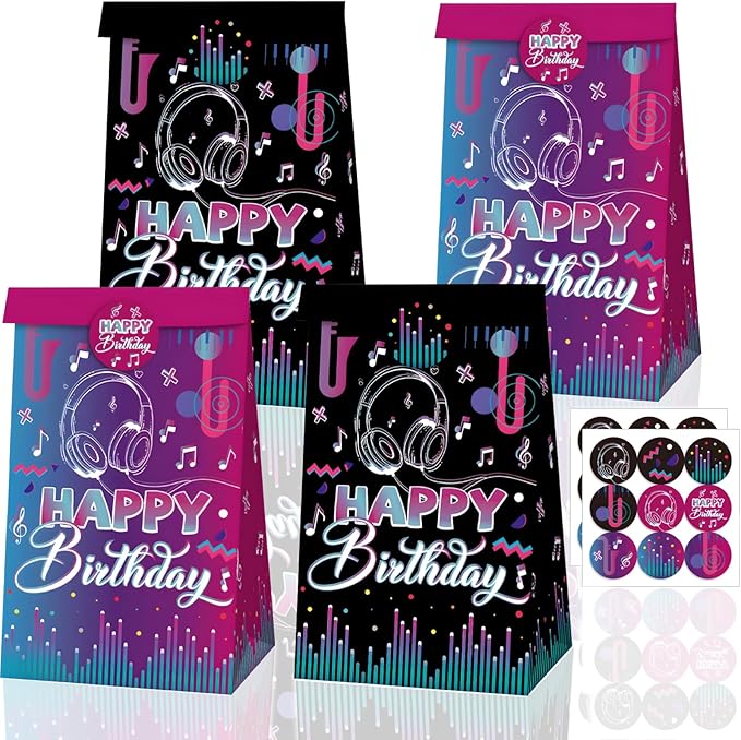 Happy Birthday Party Favors Gift Bags Candy Goodie Bag Black-Purple Decorations Treat Bag 2 Styles Popular Singer Music Paper Rack N Roll Wedding Bridal Baby Shower Decor(12 Pcs)