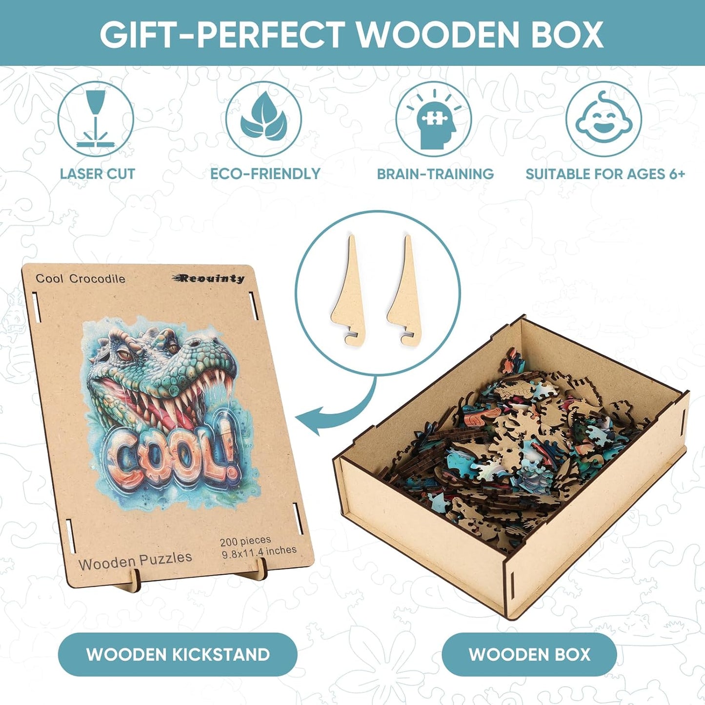Reouinty Wooden Puzzles for Adults, Cool Crocodile Jigsaw Puzzles 200 Pieces Animal Unique Shaped Wood Cut Puzzle Gifts for Adults and Kids, Family Puzzle Games