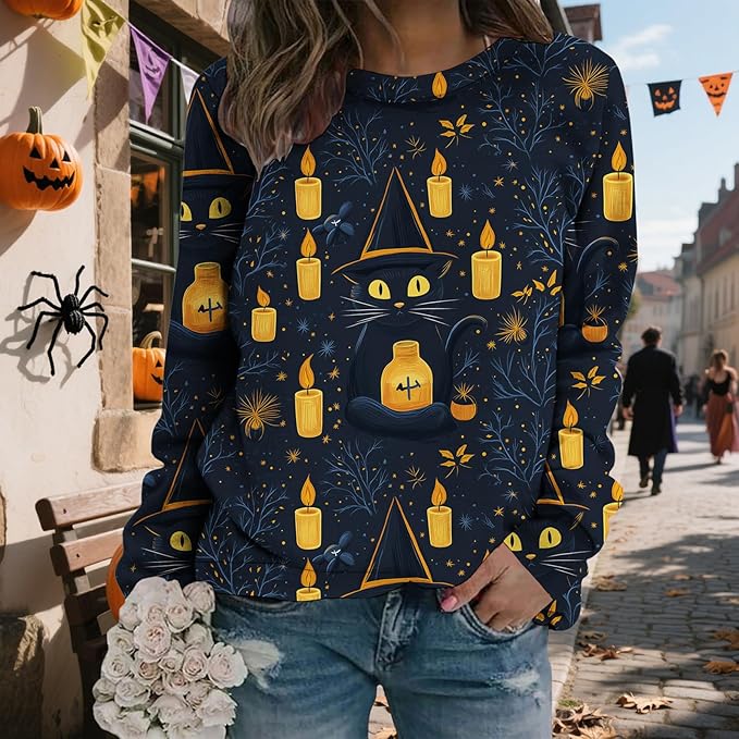 LIZALIG Pullover Cute Sweatshirt Orange Skeleton Fall Festive FunWomens Design Bat Holiday Party Outings Pumpkin Print