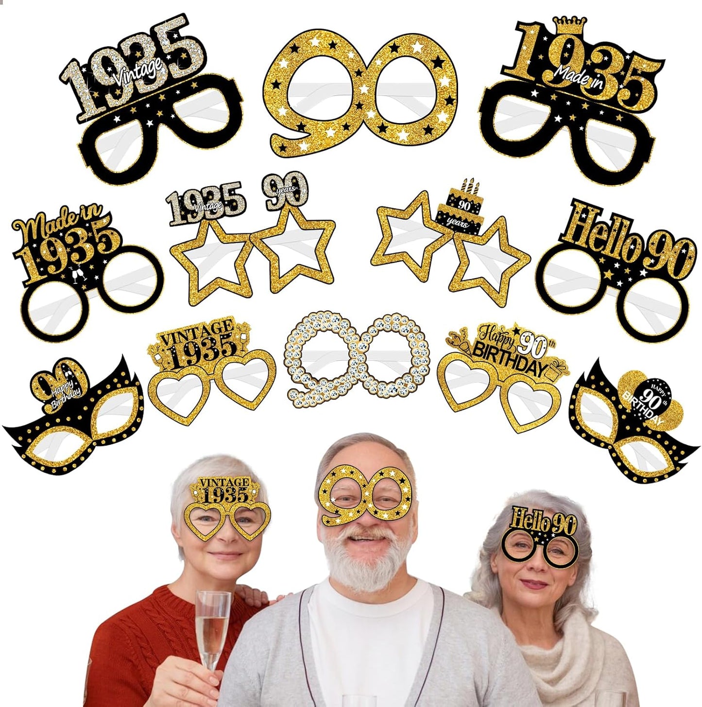 24Pcs 1935 90th Birthday Paper Glasses Decorations for Men Women - Black Gold Happy 90th Birthday Paper Eyeglasses Photo Props, Vintage 1935 Ninety Years Old Birthday Party Supplies