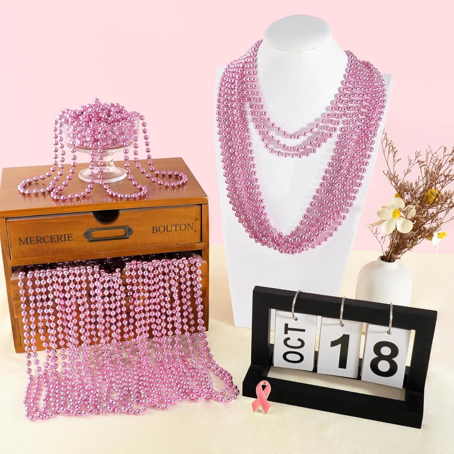 SHAOQINLIN 144 PCS Pink Bead Necklace, 33" Pink Mardi Gras Beads, Breast Cancer Awareness Beaded Necklaces, Party Beads for Mardi Gras, Christmas, Valentine's Day, Wedding, Gender Reveal Party Favors