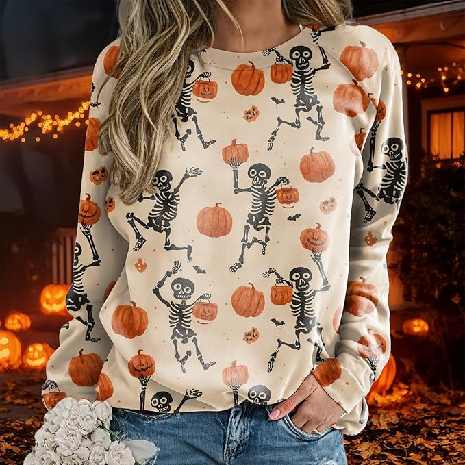 Sweatshirts for Women Graphic Print Casual Pullover Tops Long Sleeve Crewneck Halloween T Shirts
