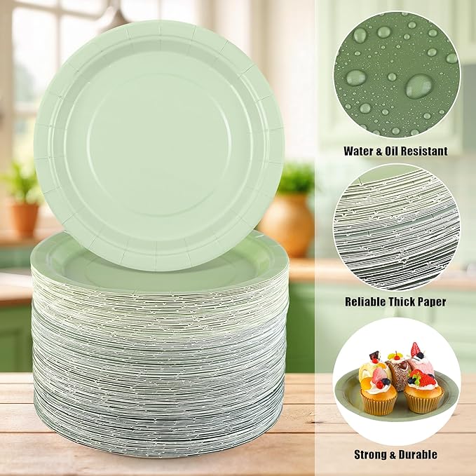 Kochorie 60 Pieces Sage Green Disposable Paper Plates 9 Inch Heavy Duty Dinner Plates, Solid Color, Table Decorations Party Supplies for Birthdays, Weddings, Daily Use