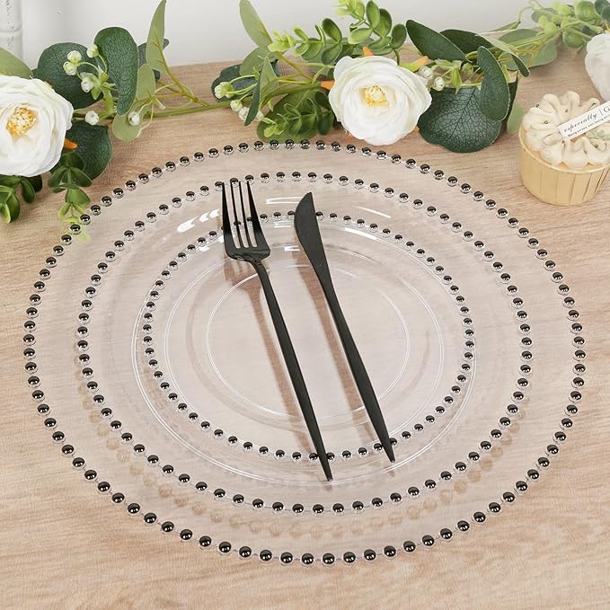 Efavormart 10-Pack Economy Plastic Charger Plates 13" Round Clear with Black Beaded Rim - Stylish Dinner Party Serving Plates