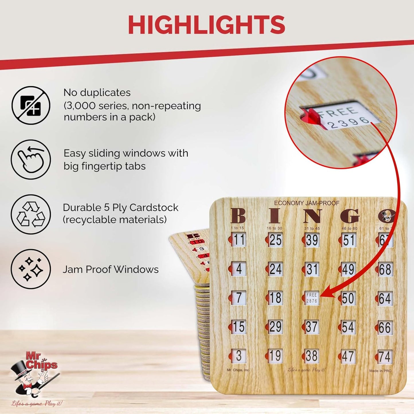 MR CHIPS Jam-Proof Fingertip Slide Bingo Cards with Sliding Windows 200 Pack in Tan Style