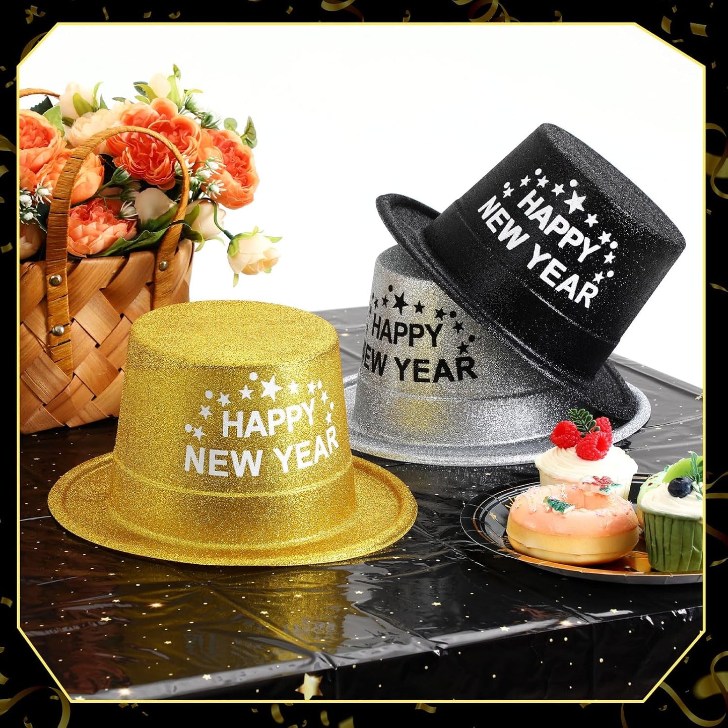 Poen 48 Pcs New Years 2026 Eve Party Supplies Included 24 Plastic Glitter Hats 24 Metallic Fringed Noise Makers for Happy New Year Decorations