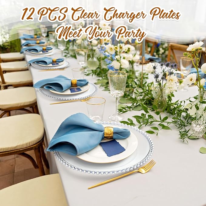 Hoolerry 12 Pcs Clear Charger Plates Bulk 13 Inch Plastic Round Dinner Plate with Beaded Rim Acrylic Round Plates Decorative Charger Service for Home Birthday Wedding Party Events Table Decor