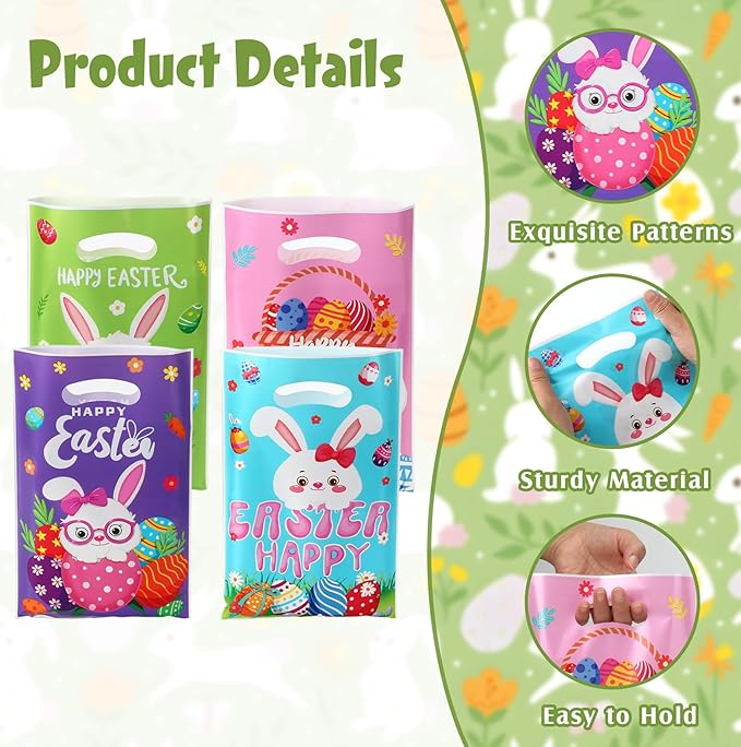 Easter Gift Bags with Handles, 100Pcs Colorful Bunny Treat Bags Bulk, Plastic Goody Candy Cookie Snack Tote Gift Bag for Happy Easters Egg Hunt Activity Spring Holidays Party Favor Supplies Decorations