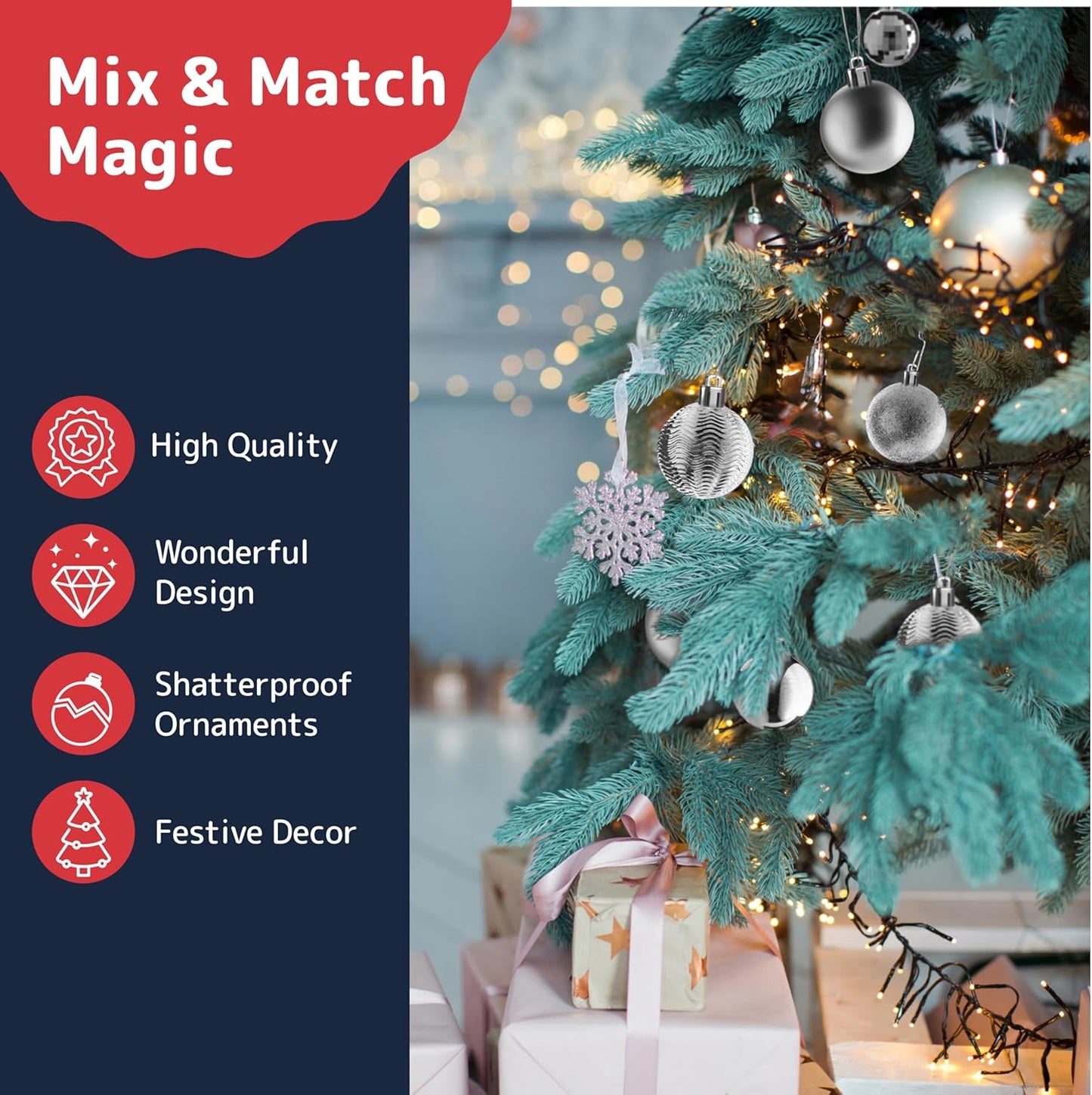 Prextex 36pc Shatterproof Silver Christmas Balls Ornament Set - Festive Christmas Tree Ornaments in 3 Different Sizes and 6 Styles - Holiday Decoration with Hanging Loops for Tree, Wreath, Party Decor