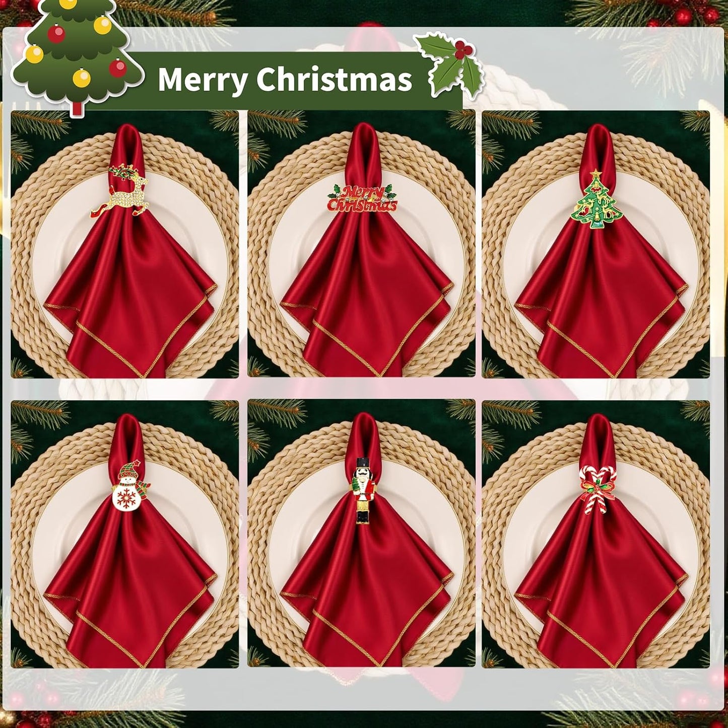 Christmas Tree Reindeer Napkin Rings Set of 12 Candy Cane Napkin Rings for Xmas Party New Year Banquet,Snowflake Napkin Ring Holders for Winter Wedding Birthday Holiday Family Dinner Decor