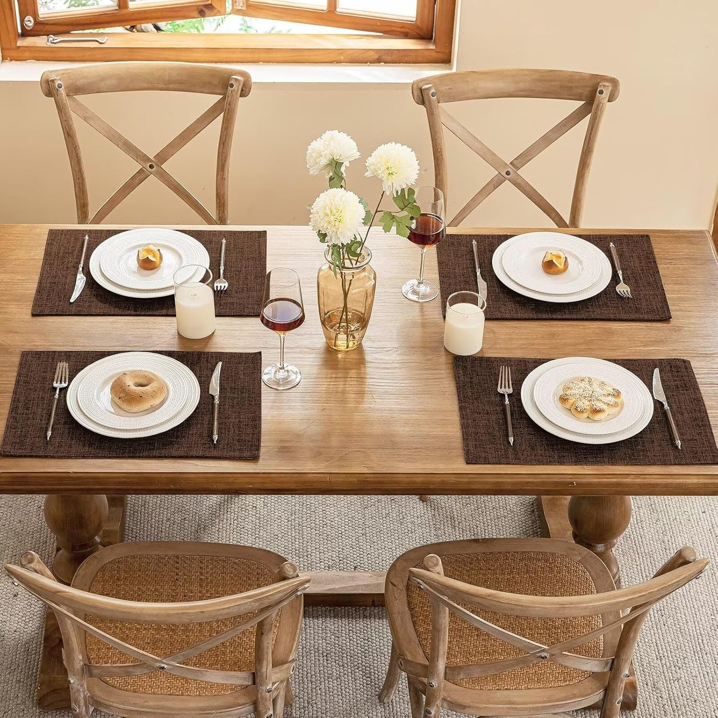 Blue Forest Placemats Set of 8, Dual-Layered Thickened Faux Linen Cloth Place Mats Heat Resistant Machine Washable Wrinkle Free Table Mats Indoor/Outdoor (Brown)