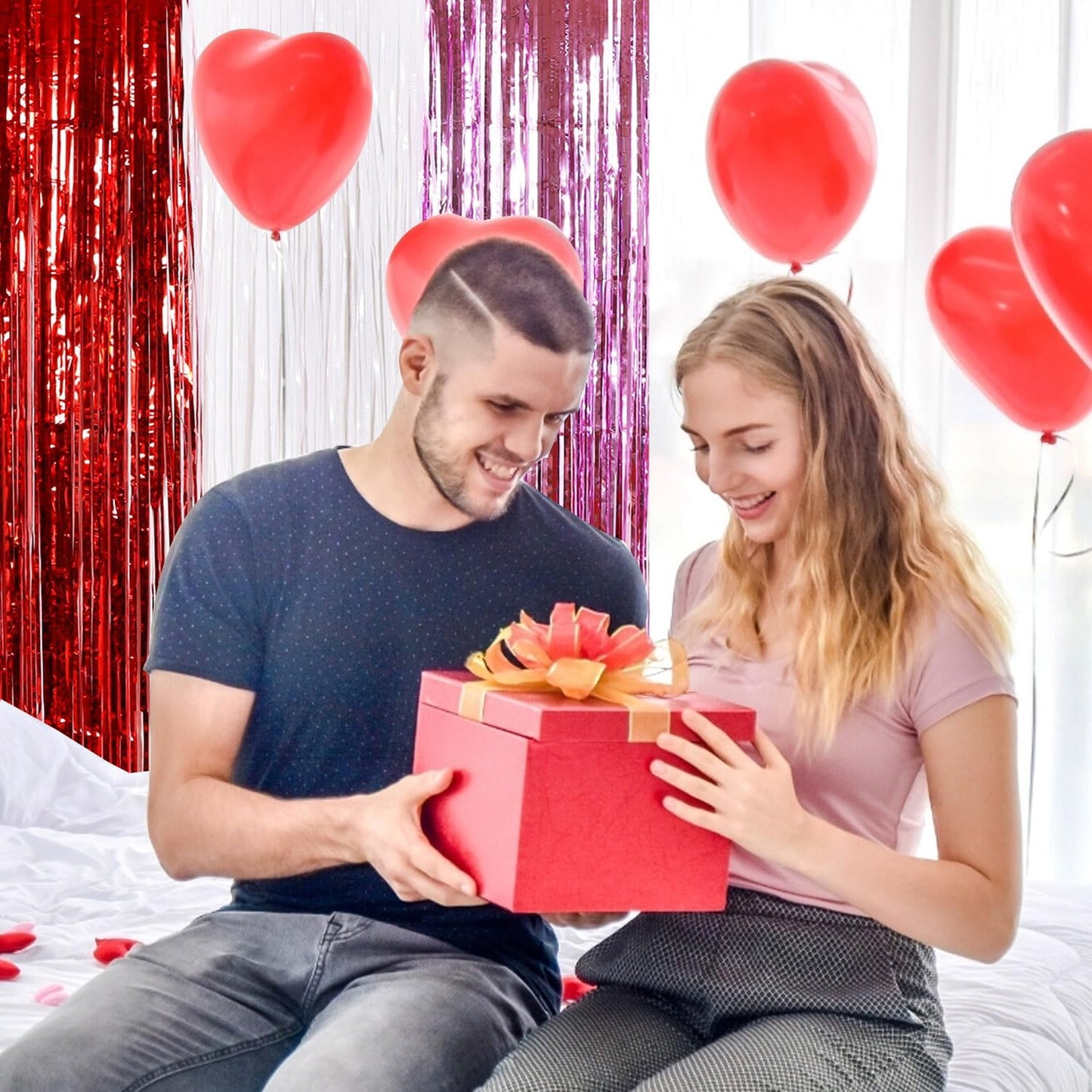 TONIFUL Valentine's Day Door Streamers,Red Pink and White Photo Booth Backdrop Metallic Streamers Foil Fringe Curtain for Birthday Valentine's Day Bridal Shower Engagement Party Decoration