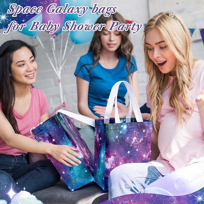 Supervitae 24 Pack Galaxy Party Gift Bags Medium Outer Space Print Party Decoration Supplies Reusable Non Woven Totes for Solar System Planet Birthday Baby Shower Favor(9.8" x 7.9" x 3.9")