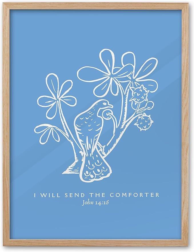 EcoHest Large 16x20in OAK Wood Framed Wall Art, John 14:16 I Will Send The Comforter Bible Verse Christian Canvas Wall Decor, Blue Jesus Prints for Bedroom Living Bathroom Religious Gift 1 Pack
