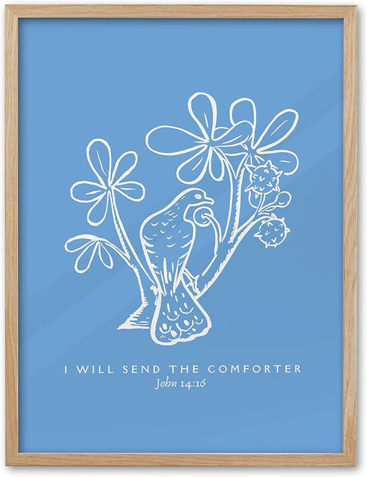 EcoHest Large 16x20in OAK Wood Framed Wall Art, John 14:16 I Will Send The Comforter Bible Verse Christian Canvas Wall Decor, Blue Jesus Prints for Bedroom Living Bathroom Religious Gift 1 Pack