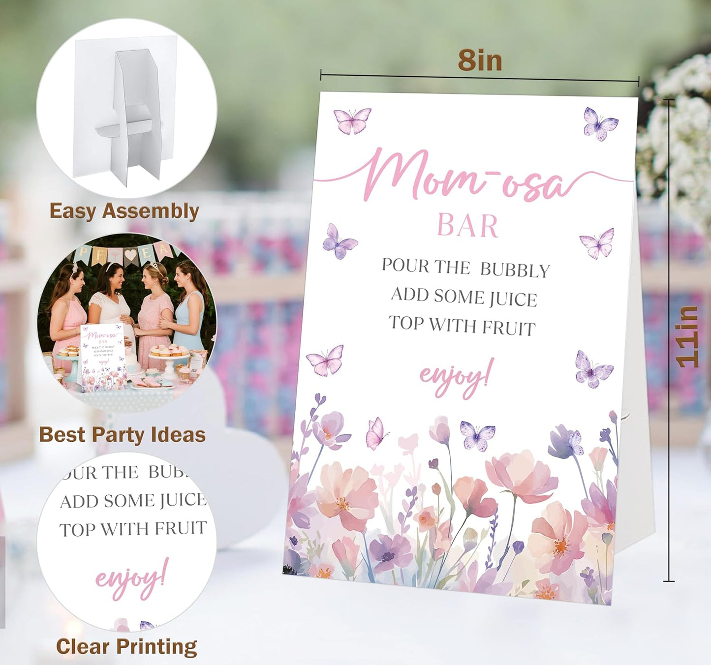 Butterfly Baby Shower Tabletop Sign, Mom-osa Bar, Include One 8×11 Sign with holder, Purple Butterfly Gender Reveal Party Decoration Supplies - FL35