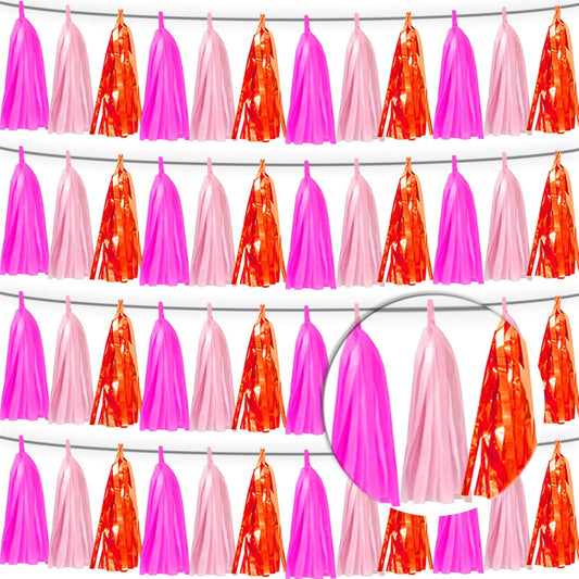 4P Hot Pink Orange LightPink Tassel Banner Garland Foil Fringe Tinsel Streamer Banner Backdrop for Parade Floats, Wall Hanging Curtain Parade Floats, Graduation Decorations, Wedding Party Decoration