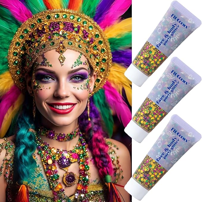 Mardi Gras Gold Hair Face Glitter,Mardi Gras Outfit for Women,Green Purple Gold Mixed Holographic Self-Adhesive Body Glitter,Festival Chunky Sequins Carnival Costume New Orleans Decorations