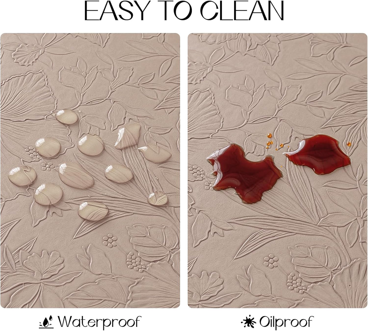 Romanstile Vinyl Placemats Set of 4-12 X 18 Inch - Heat Resistant Non-Slip Embossed Floral Place Mats 100% Waterproof Oilproof Wipeable Faux Leather Table Mats for Kitchen/Dining/Party, Khaki