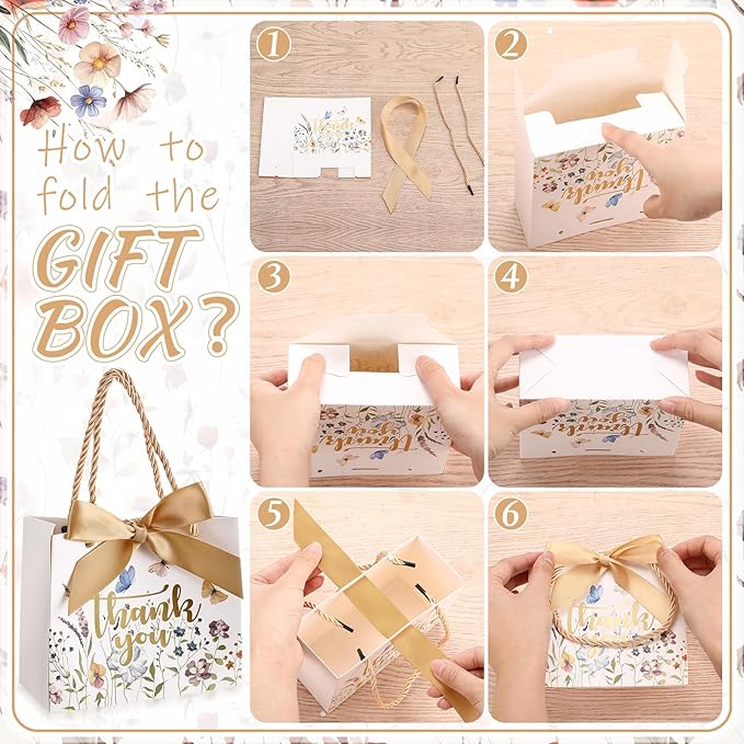 Moinchore 40 Pack Wildflower Thank You Gift Bags with Handles Small Thank You Party Favor Bags with Bow Wedding Welcome Tote for wedding Holiday Bridal Shower Party(Vintage Gold Flowers)