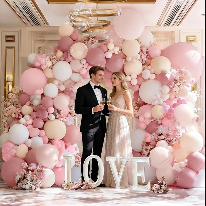 Pastel Pink White Balloon Arch Double Stuffed Light Pink Beige Cream Balloon Garland Kit Boho Dusty Rose Blush Balloons for Baby Shower Bridal Birthday Valentine's Wedding Easter Princess Party Decor