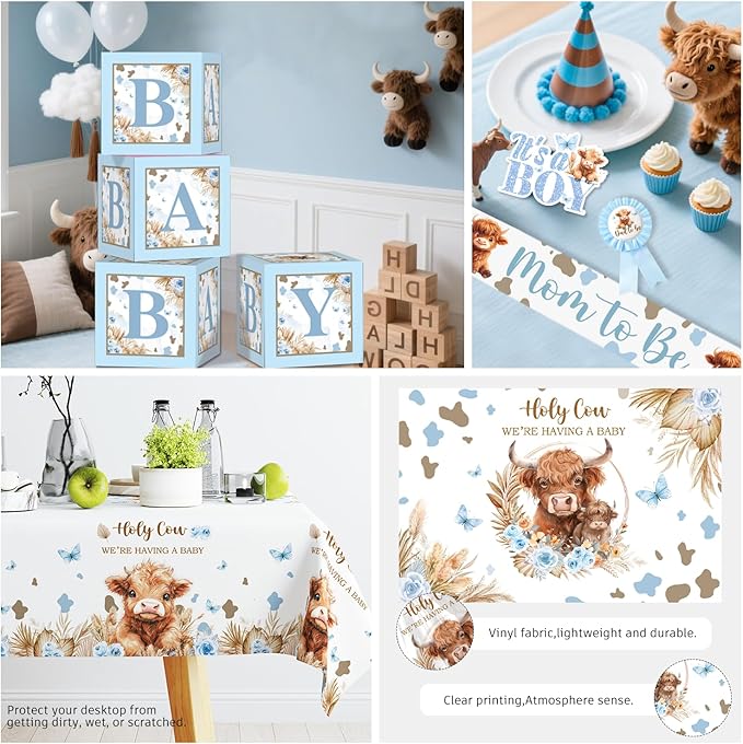 Cocomigo 241pcs Highland Cow Baby Shower Decorations for Boy, One-stop Package Includes 40 Plates 2 Tablecloths 1 Sash and 1 Pin, Complete Balloon Arch Tableware Set for Baby Shower