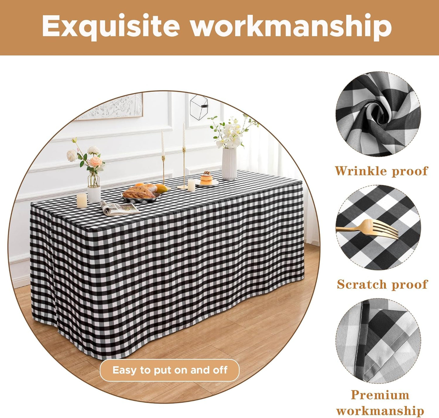 HolidayIdeas 2 Pack Checkered Fitted Tableclothes - 48 x 24 Inch - Rectangle Tablecloths for 4 Foot Tables, Buffalo Plaid Table Covers for Party, Picnic, Trade Show (Black and White)