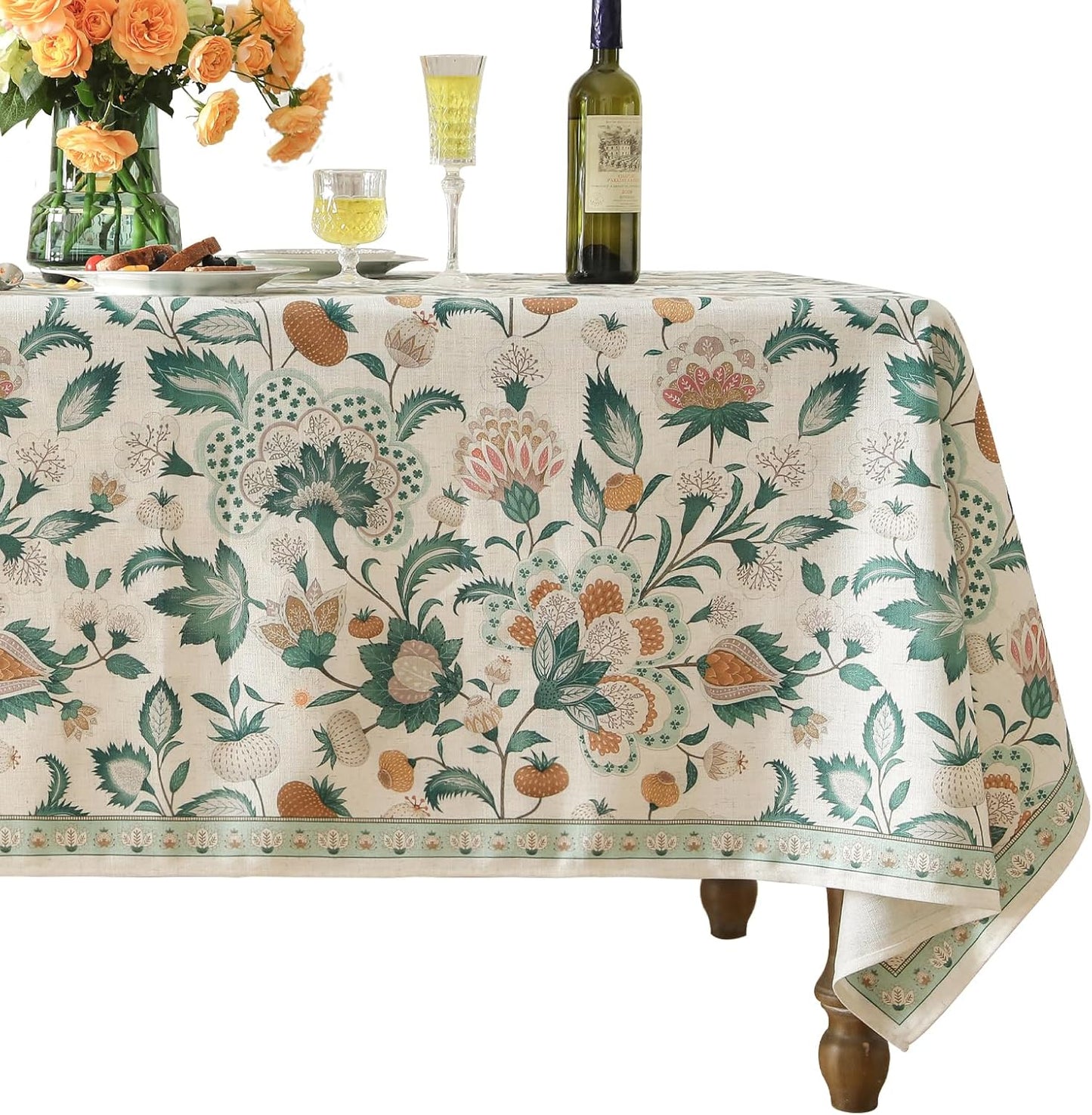 patdrea Designer Green Long Rectangle Table Cloth,Vintage Italian Floral Country Linen Breathable Tablecloth,Decor Cover for Kitchen Dining,Christmas,Tea Party,Thanksgiving,63"x102"-Tree Life