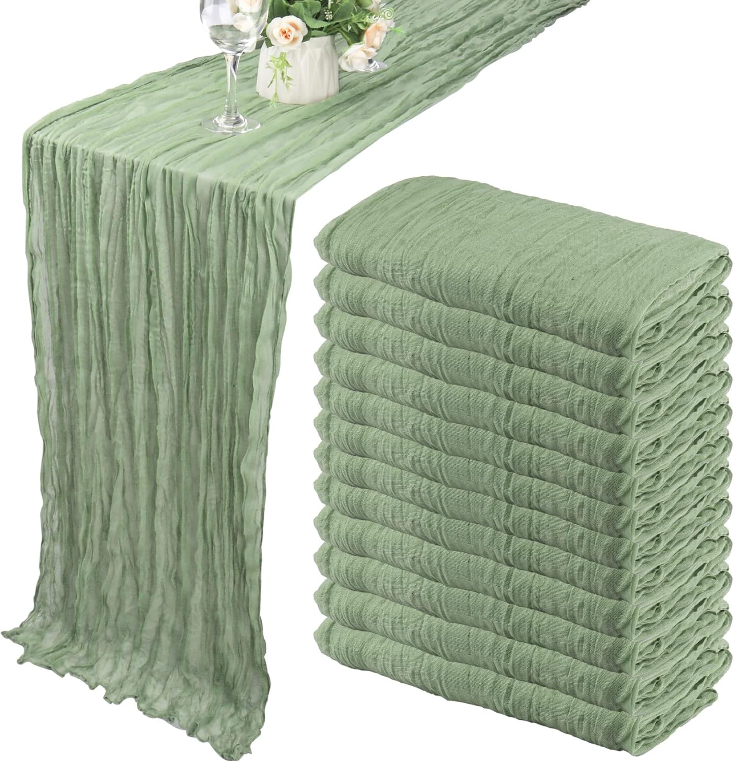 12 Pack 10Ft Cheesecloth Table Runner 35x120 Inch Boho Gauze Table Runner Cheese Cloth Long Romantic Table Runners for Wedding Bridal Shower Birthday Party Table Decor (Dusty Sage Green)