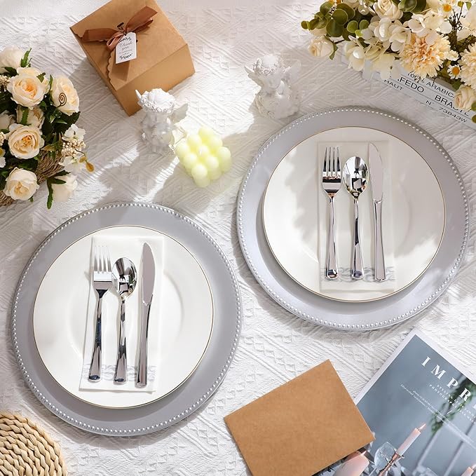 Jinei 36 Pack Silver Charger Plates 13 Inch Plastic Beaded Round Charger Plates Wedding Table Decoration Reusable Dinner Plate Tray for Birthday Party Holiday Event