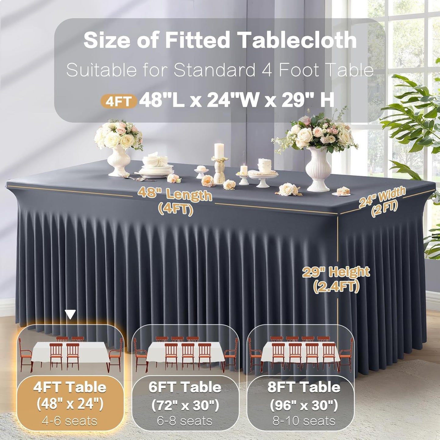 2 Packs Grey Spandex Tableclothes for 4 Foot Rectangle Table, Spandex Table Covers 4FT Stretch Table Skirts Rectangle Wrinkle Free Fitted Tablecover for Event, Wedding, Banquet & Parties