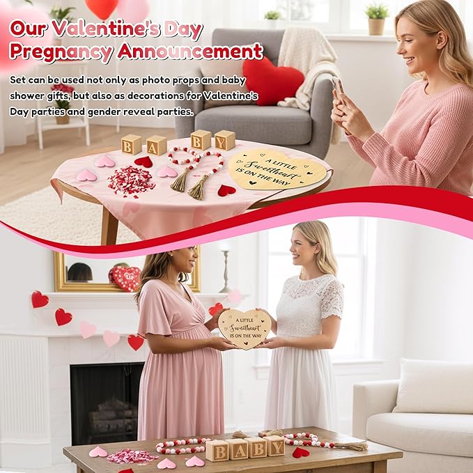 13Pcs Valentine Pregnancy Announcement Set - Coming Soon Baby Announcements Ideas Include Wooden Sign Beads Garland Wood Blocks Sponge Pregnancy Reveal Photo Props for Grandparents Dad Husband Family