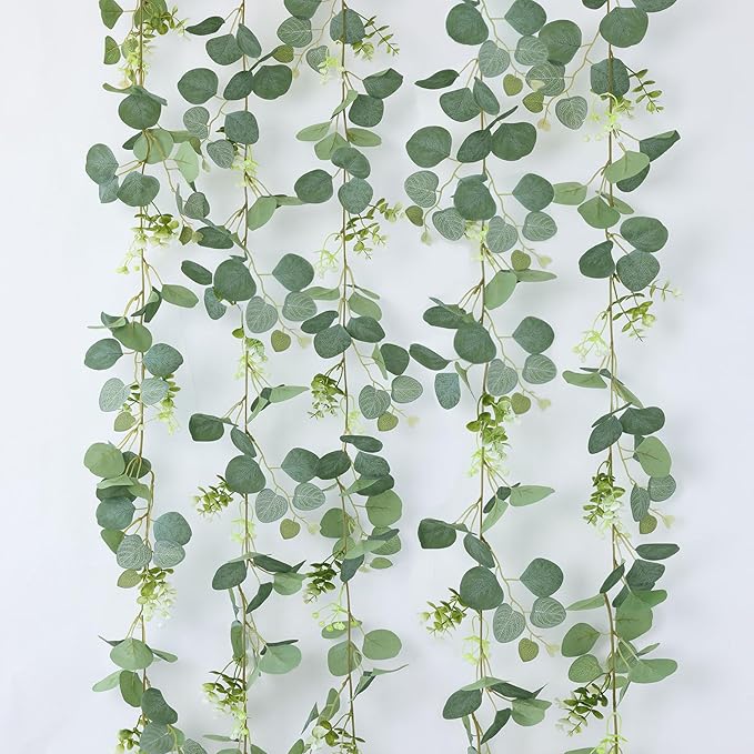 mizii 5 Packs 340" Artificial Vines Eucalyptus Garland Fake Vine with Silk Leaves Green Garland Faux Hanging Plants Greenery Decoration for Room Table Centerpieces Wedding Decor (Eucalyptus)