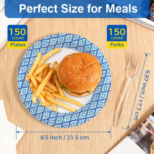 Charmount 300Pcs Paper Plates 8.5 Inch Bulk, 150 Disposable Plates with 150 Clear Plastic Forks, Soak-Proof Tableware for Daily Use, Breakfast, Lunch, Dinner, Party, Camping