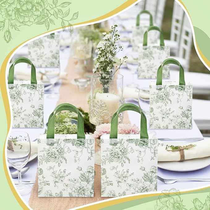 HunnmingRe 30 Pcs Sage Green Floral Gift Bags Floral Gifts Bag with Handles Bulk Wedding Bridal Shower Party Favor Non Woven Reusable Tote for Women Baby Shower Birthday Tea Fall Party Supplies